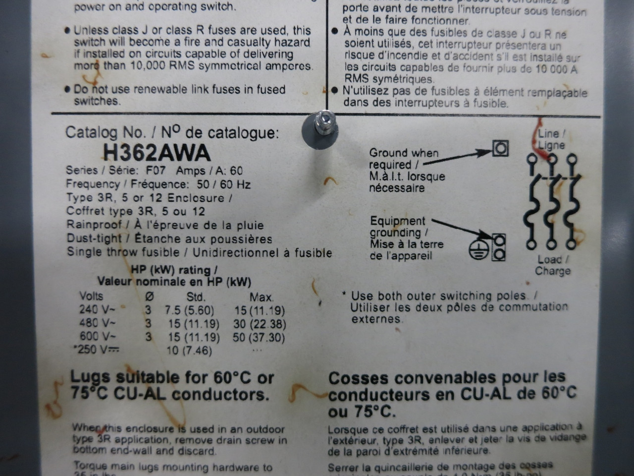 Square D H362AWA 60A Fusible Disconnect Switch + Appleton WRDK6034 60 Amp F07 3R (DW4797-42)
