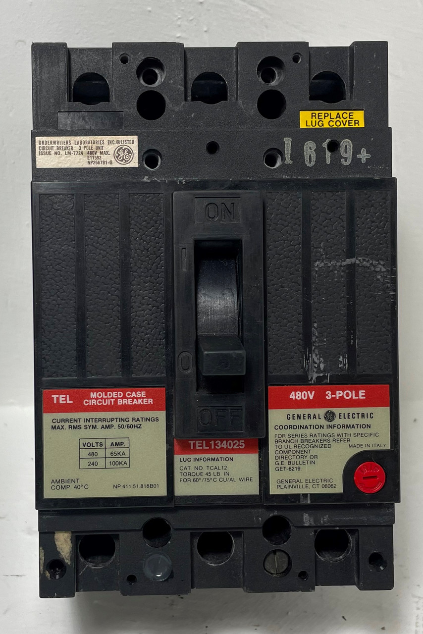 GE TEL134025 25A Circuit Breaker 480V 3 Pole Type TEL 25 Amp General Electric (EM4559-3)