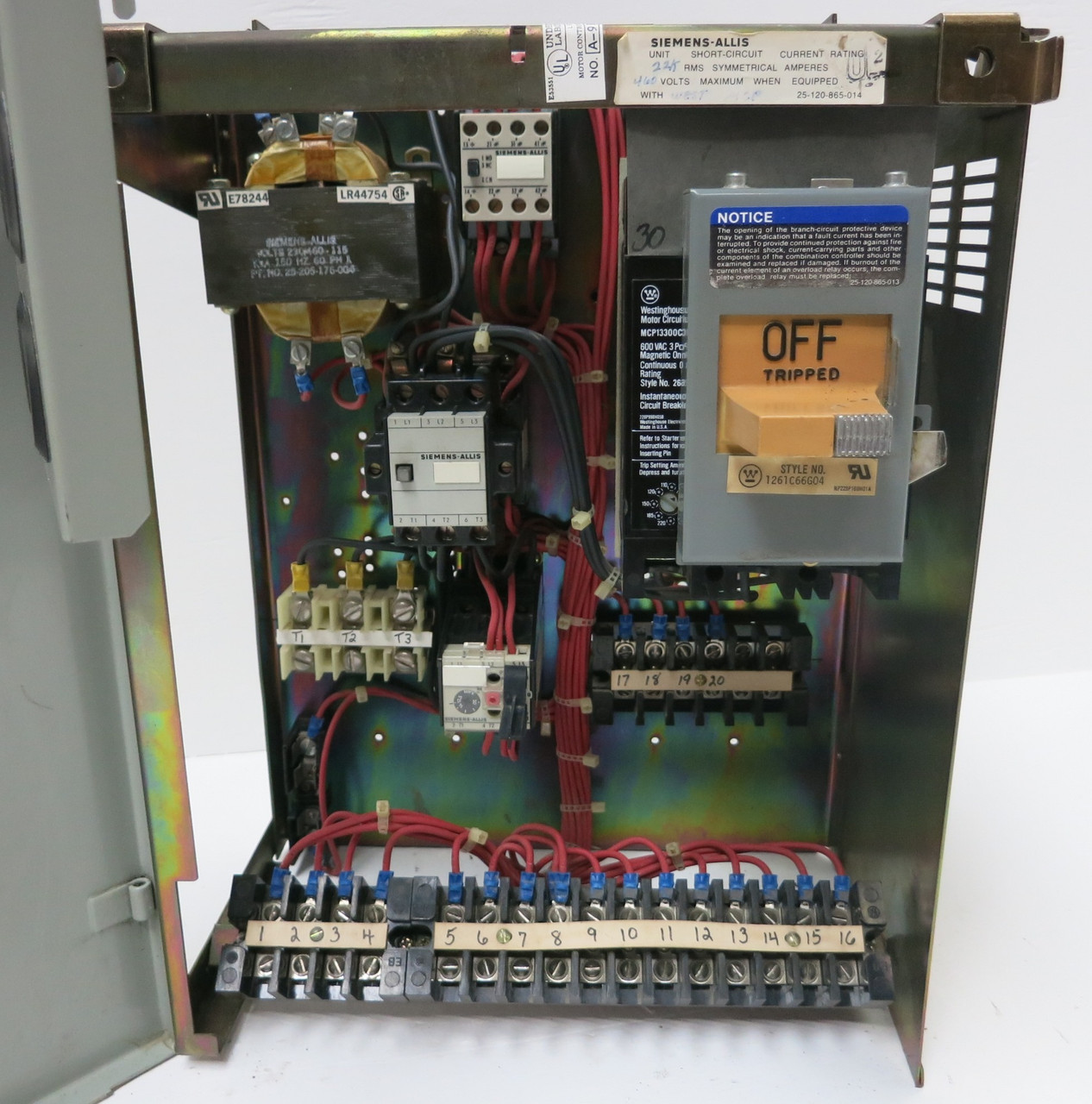 Siemens Marq 21 30A 18" MCC Starter Bucket Size 1 CXL10*3 MCP Breaker 30 Amp ITE (BJ0175-5)