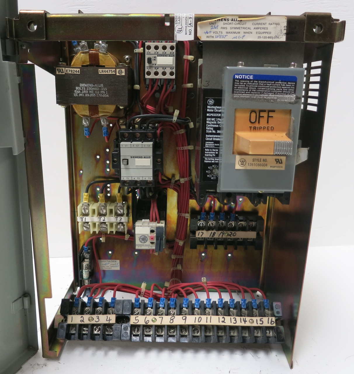 Siemens Marq 21 3A 18" MCC Starter Bucket Size 1 CXL10*3 MCP Breaker 3 Amp ITE (BJ0179-1)