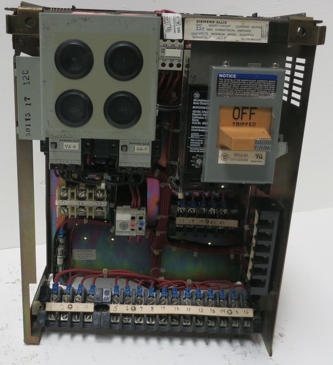 Siemens Marq 21 15A 18" MCC Starter Bucket Size 1 Reversing 15 Amp Breaker ITE (BJ0195-1)