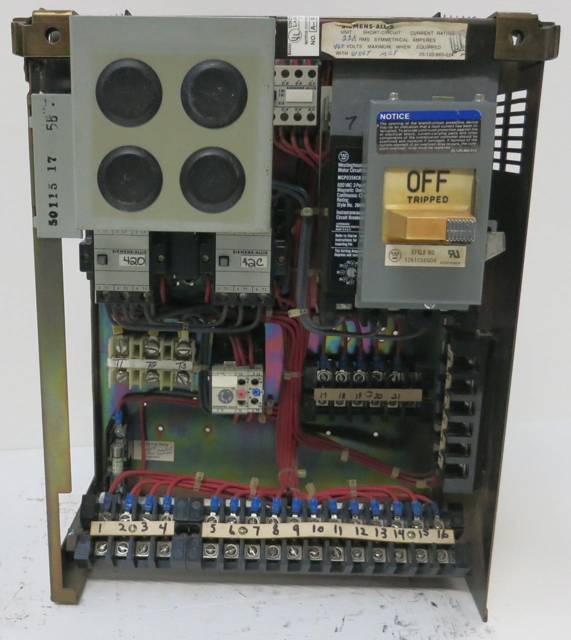 Siemens Marq 21 7A 18" MCC Starter Bucket Size 1 Reversing 7 Amp Breaker ITE (BJ0196-5)