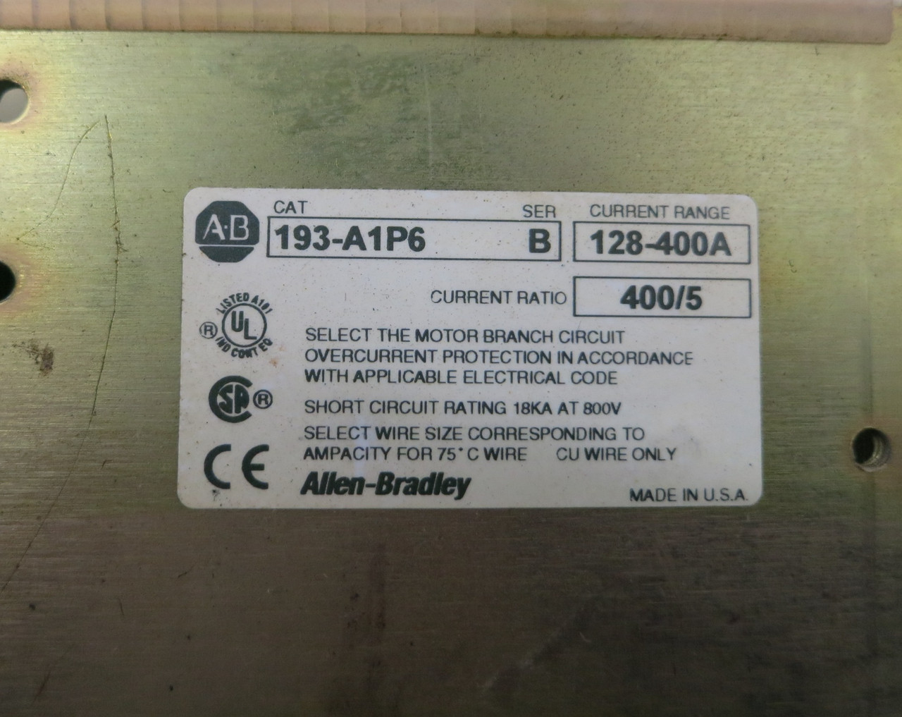 AB 193-A1P6 Ser B Overload Relay 400A 400/5 40793-491-02-M Allen Bradley Starter (BJ0213-1)