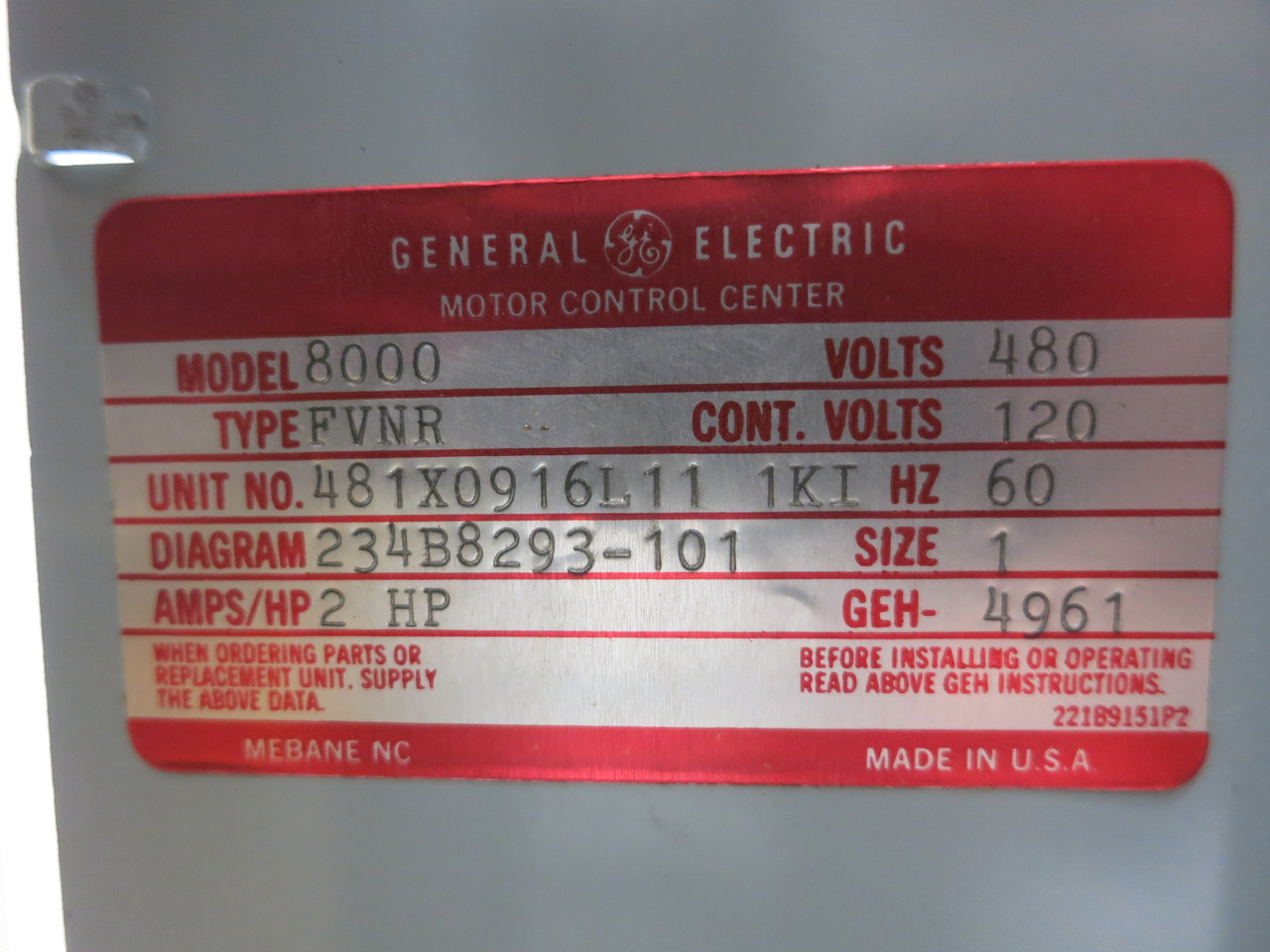 GE 8000 7A Breaker Size 1 Starter 12" MCC Bucket TEC36007 CR206C0 Sz1 7 Amp (BJ0231-1)