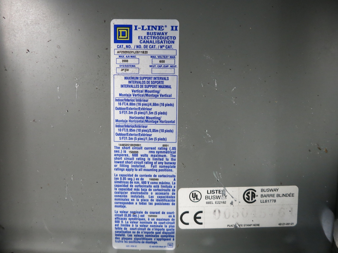 Square D I-Line II AF2320G31LES11B20 2000A Busway Elbow 3PH 3W 2000 Amp Edge Bus (DW4923-1)