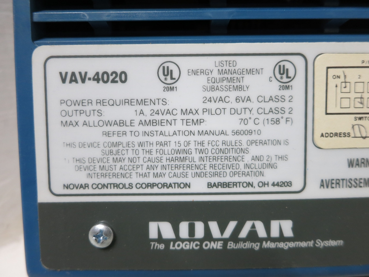 Novar VAV-4020 Logic One Terminal Box Controller V8.9 DRA Variable Air Volume (DW4938-1)