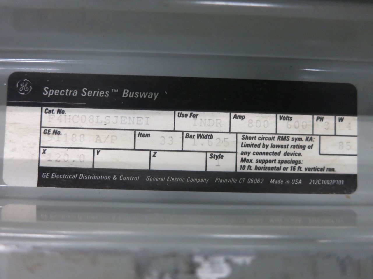 GE Spectra Busway 800A 120" Copper Feeder 800 Amp 10 Ft Stick 600V 3PH 4W Bus (DW5045-41)