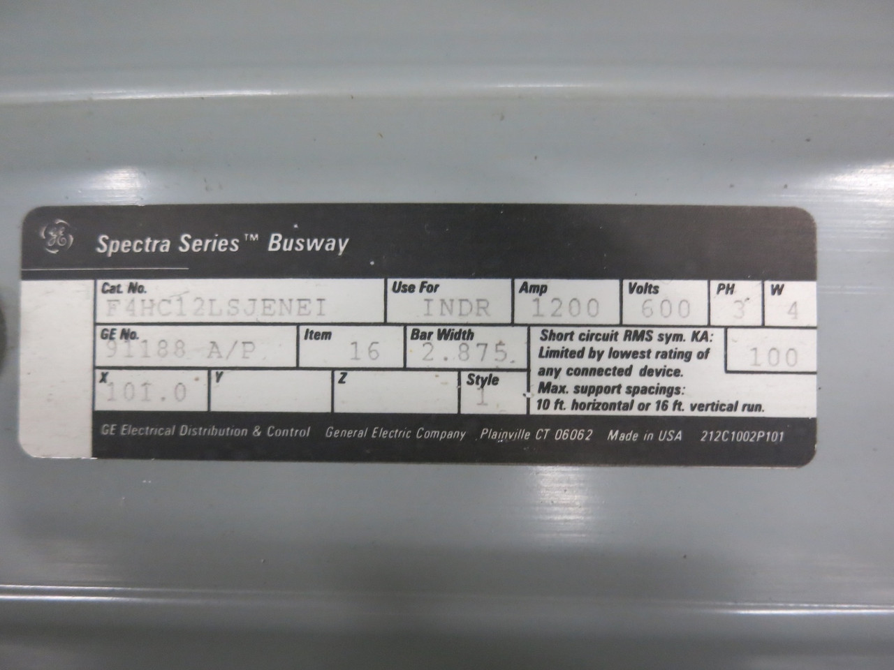 GE Spectra Busway 1200A 101" Copper Feeder 1200 Amp Stick 600V 3PH 4W F4HC12 (DW5063-1)