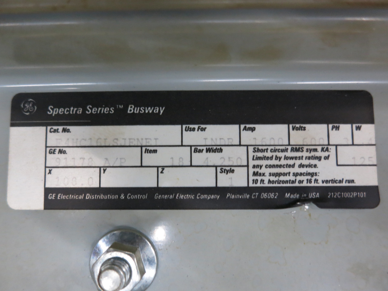 GE Spectra Busway 1600A 108" Copper Feeder 1600 Amp Stick 600V 3PH 4W F4HC16 (DW5066-1)