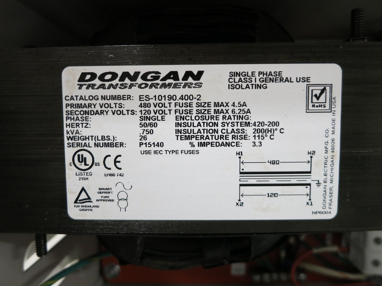 Dongan TDL-190 Lighting Disconnect Transformer 0.750 kVA 480V - 120V 1PH 75VA (DW5101-1)