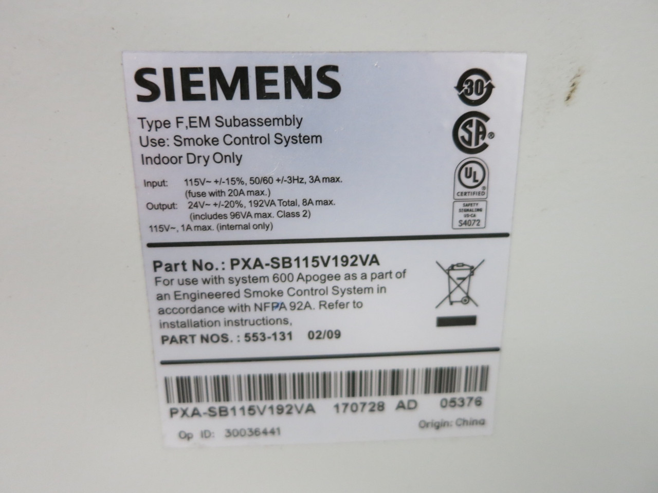 Siemens PXA-SB115V192VA Power Supply Module Service Box Panel Smoke Control (DW5099-2)