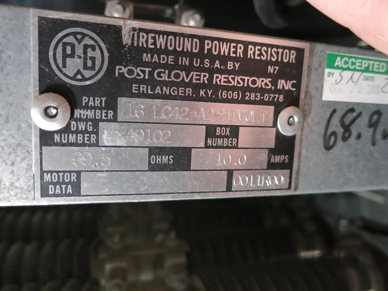 GE Neutral Grounding Resistor 16 LC42-A2-HIVOLT 10A 139 Ohms 1390V 10 Amp (DW5123-1)