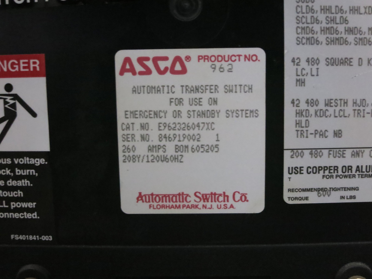 ASCO E962326047XC 260A 208V Automatic Transfer Switch Bypass Isolation 260 Amp (DW5159-1)