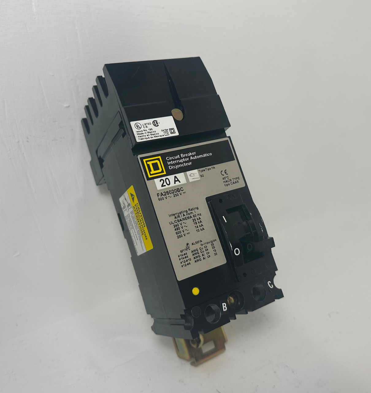 Square D I-Line FA26020BC 20A 2 Pole Circuit Breaker 600V Type FA 20 Amp 2P HACR (EM4662-1)