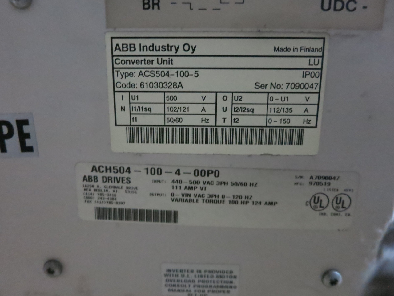 ABB ACH504-100-4-00P0 100 HP AC VS Drive 3PH 480V ACS504-100-5 100HP 124A (DW5204-2)