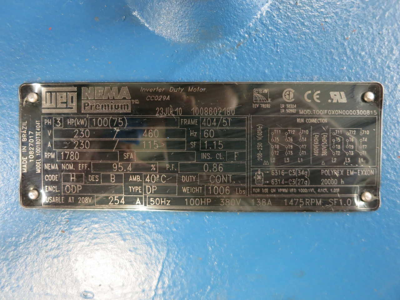 WEG 10018OT3E404T 100 HP AC Inverter Duty Motor 230/460V 1780RPM CC029A 10827017 (DW5328-6)