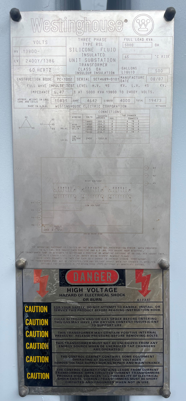 Westinghouse 5000 kVA 13800 to 2400Y/1386 Pad Mount Oil Transformer 1200A 2400 V (PM3214-1)