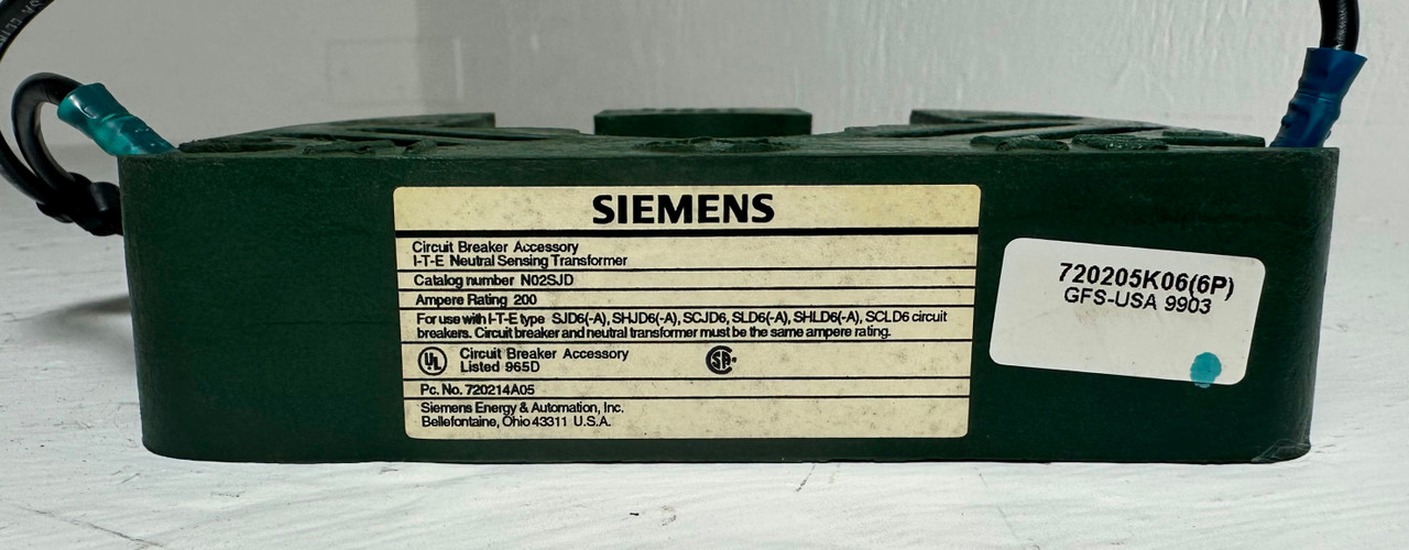 Siemens N02SJD 200A Neutral Sensing Transformer SJD6 SHJD Circuit Breaker ITE CT (EM4707-11)