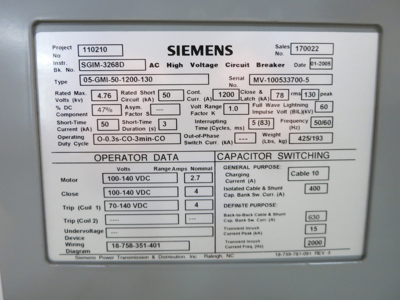 Siemens 05-GMI-50-1200-130 1200A 4.76kV Vacuum Circuit Breaker 1200 Amp VS-15050 (DW5383-5)