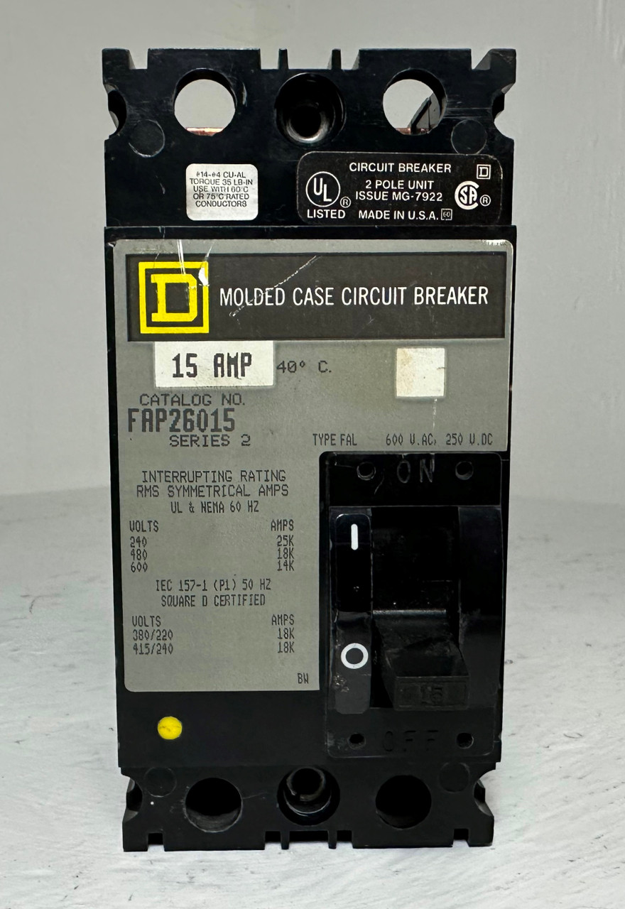 Square D FAP26015 15A Circuit Breaker 2 Pole 480/600V Type FAL 2P 15 Amp (EM4721-1)