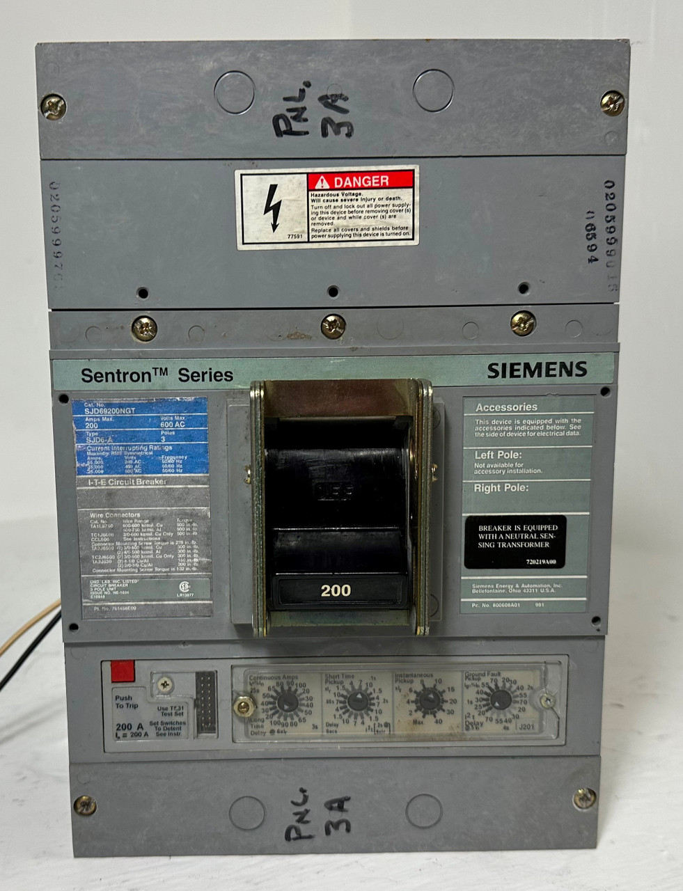 Siemens SJD69200NGT 200A Sentron LSIG Circuit Breaker SJD6-A 3P Neutral & Ground (EM4716-10)