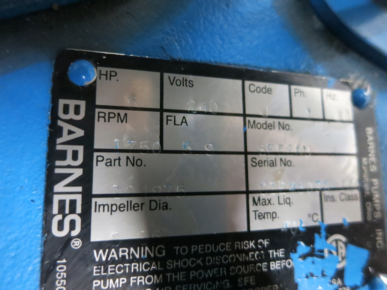 Barnes SE52AU 0.5 HP Sewage Pump 104875 240V 1750 RPM 2SE-L 1PH (DW5440-1)