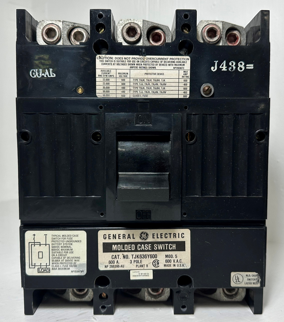 GE 600A TJK636Y600 Molded Case Switch 480/600V 3 Pole 600 Amp General Electric (EM4734-1)