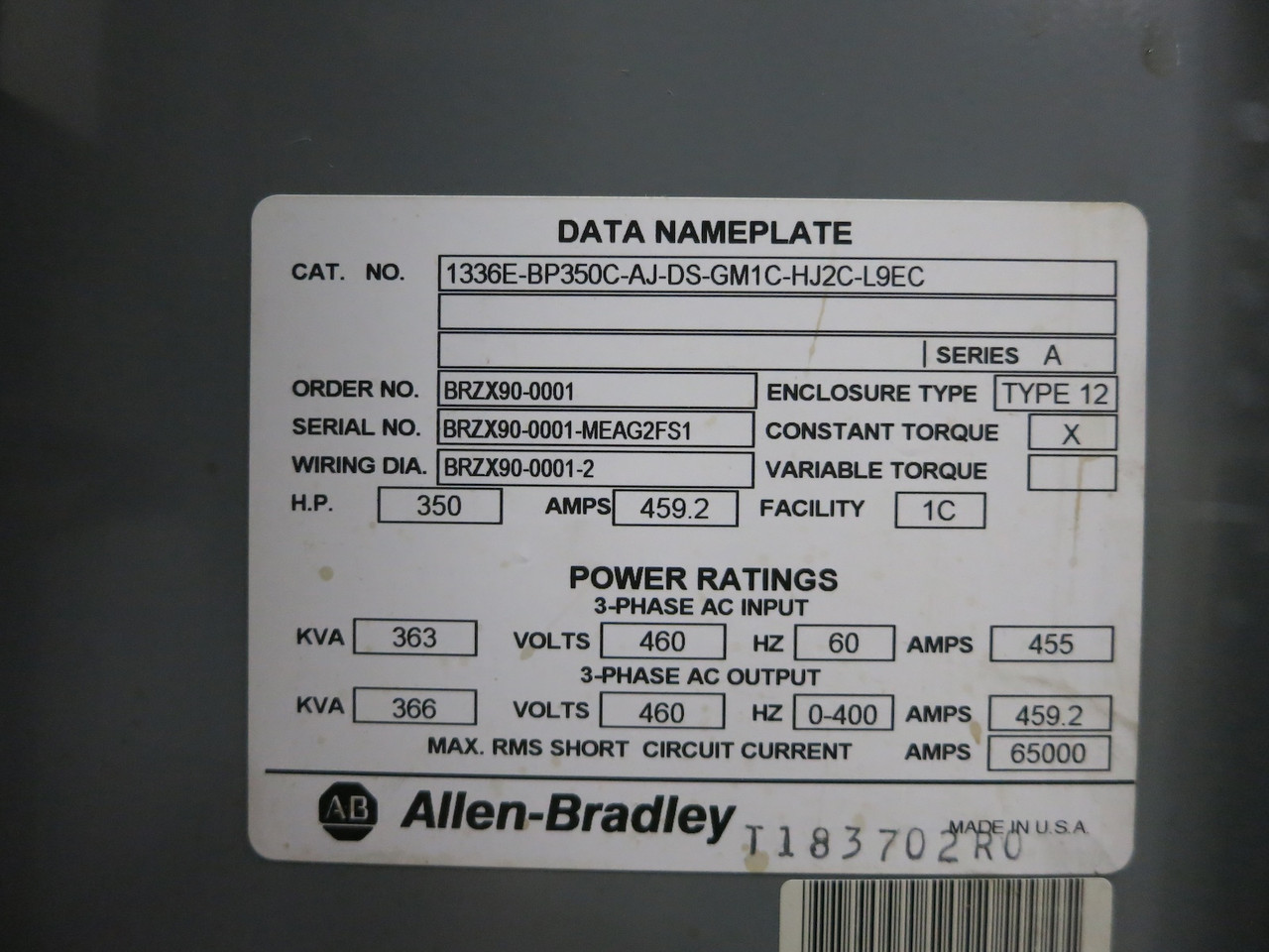 Allen Bradley 1336E-BP350-AN-EN-NCM-L6 350 HP VS Drive 1336 Impact Force 480V 12 (DW5451-1)