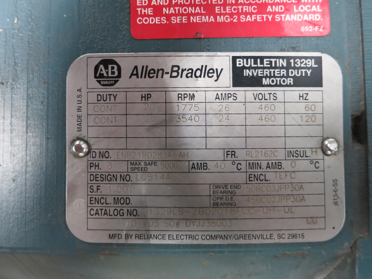 Allen Bradley 1329L 20 HP Inverter Duty Motor 460V RL2162C ENP21R0283A TEFC 20HP (DW5485-2)
