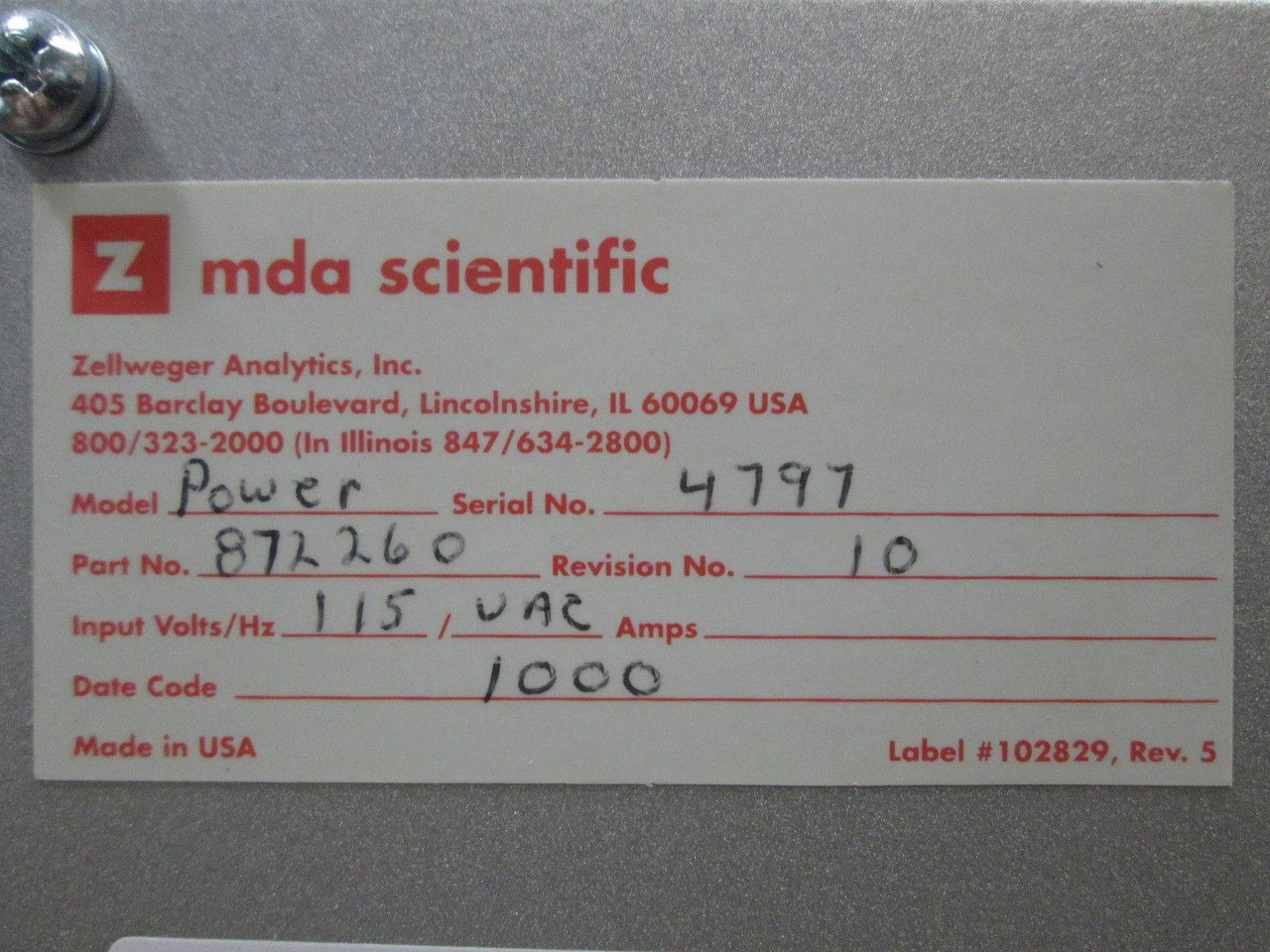 MDA Scientific Power Module 872260 Zellweger 872260 PLC System 16 Toxic Gas (EBI2714-2)