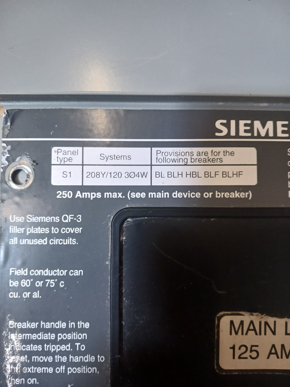 Siemens 125A Main Lug S3 Panelboard 208Y/120V 3PH 4W MLO 125 Amp S3C30ML125CTS (BJ0475-2)
