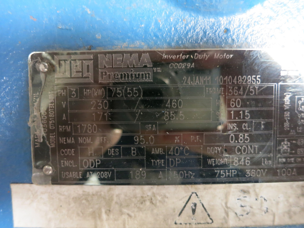 WEG 07518OT3E365T 75 HP AC Inverter Duty Motor 230/460V 1780RPM CC029A 365T (DW5537-2)