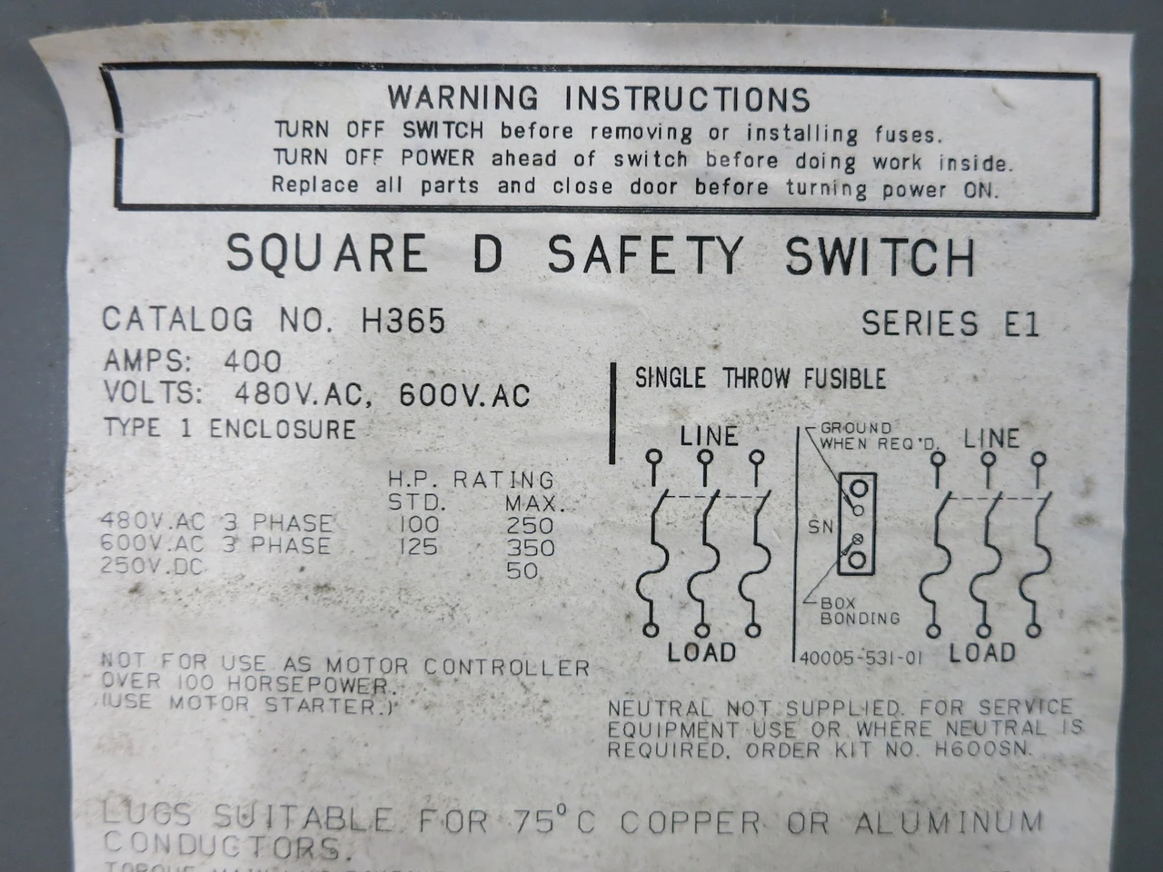 Square D H365 400A 600V Fusible Heavy Duty Safety Switch Disconnect 400 Amp E1 (DW5569-2)