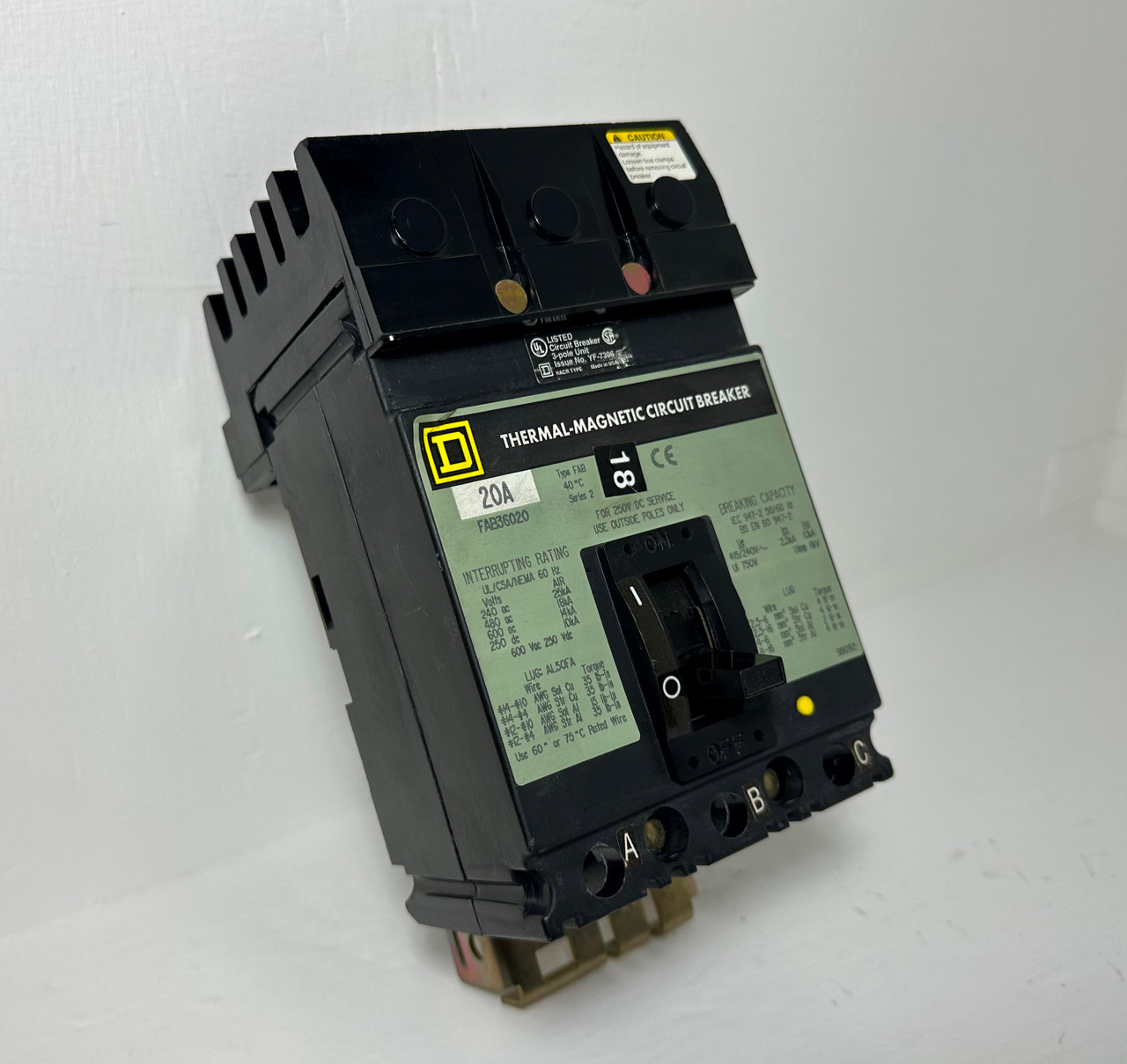 Square D I-Line FAB36020 20A Circuit Breaker 480/600V 3 Pole Type FAB S2 20 Amp (EM4775-7)