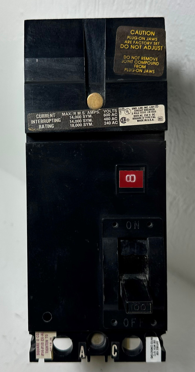 Square D I-Line FA26100AC 100A 2 Pole Circuit Breaker Black 600V FA 2P 100 Amp (EM4776-1)