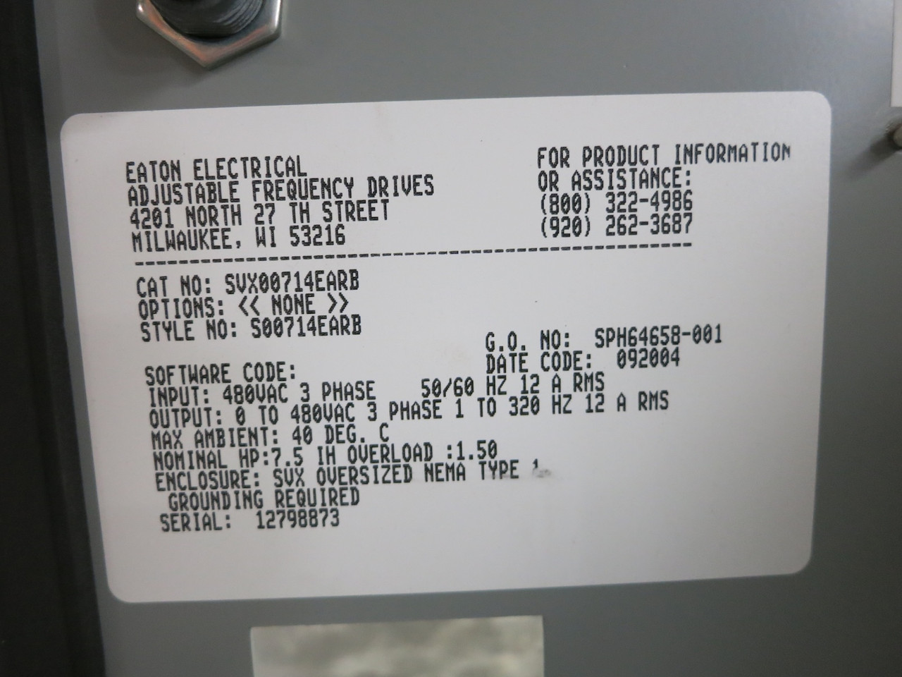 Eaton SVX007A1-4A1B1 7.5 HP SVX9000 AC VS Drive SVX-9000 7.5HP 480V Enclosed 15A (DW5602-2)