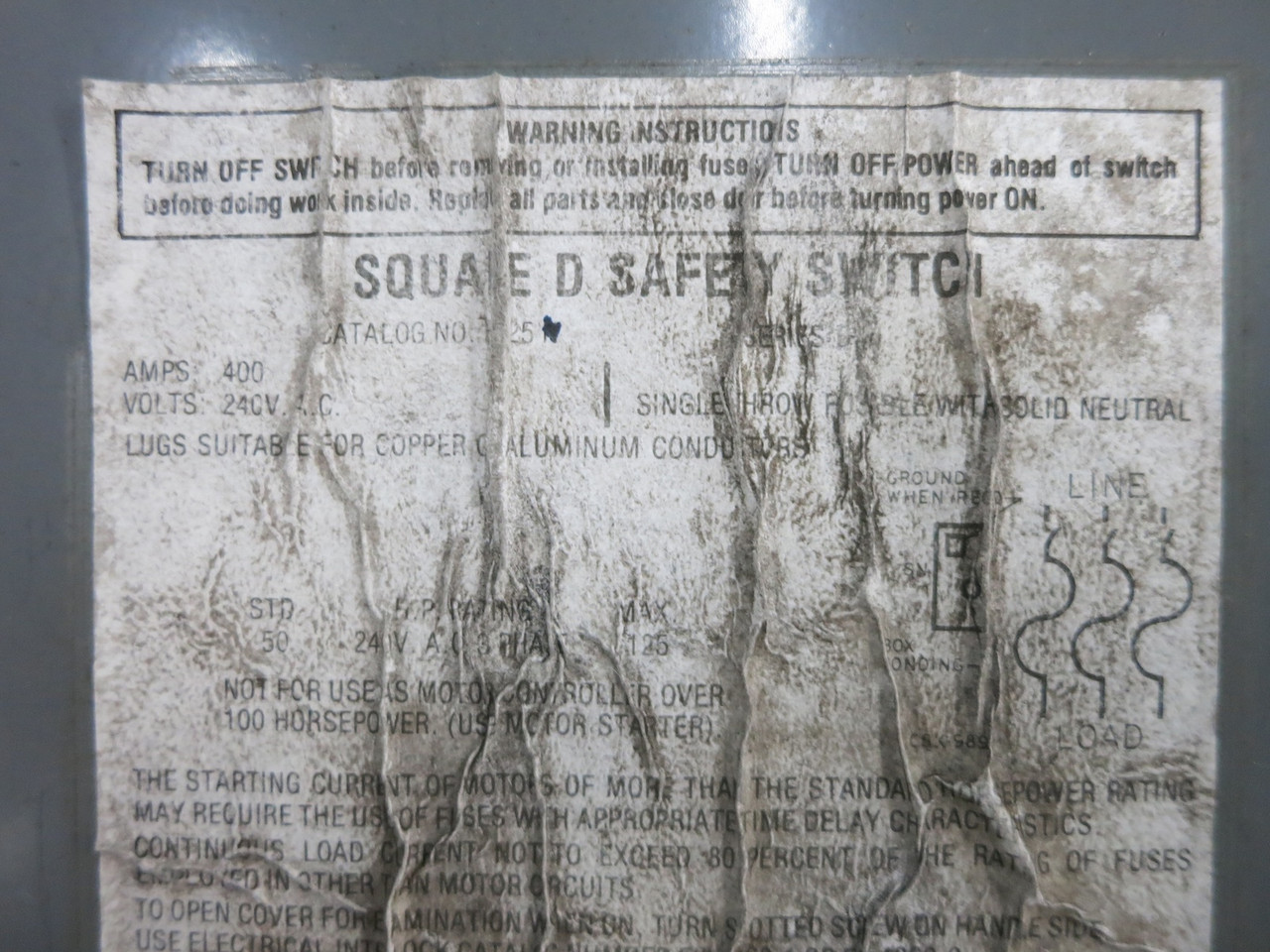 Square D H325 400A 240V Fusible Safety Switch Disconnect 400 Amp H-325 D2 (DW5607-1)