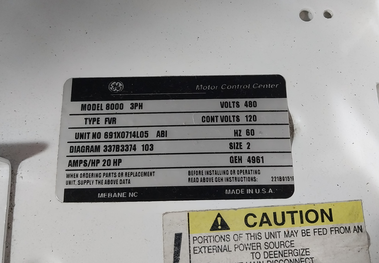 GE 8000 60A Size 2 Reversing 24" MCC Starter Bucket Fusible 60 Amp CR309 (BJ0497-1)