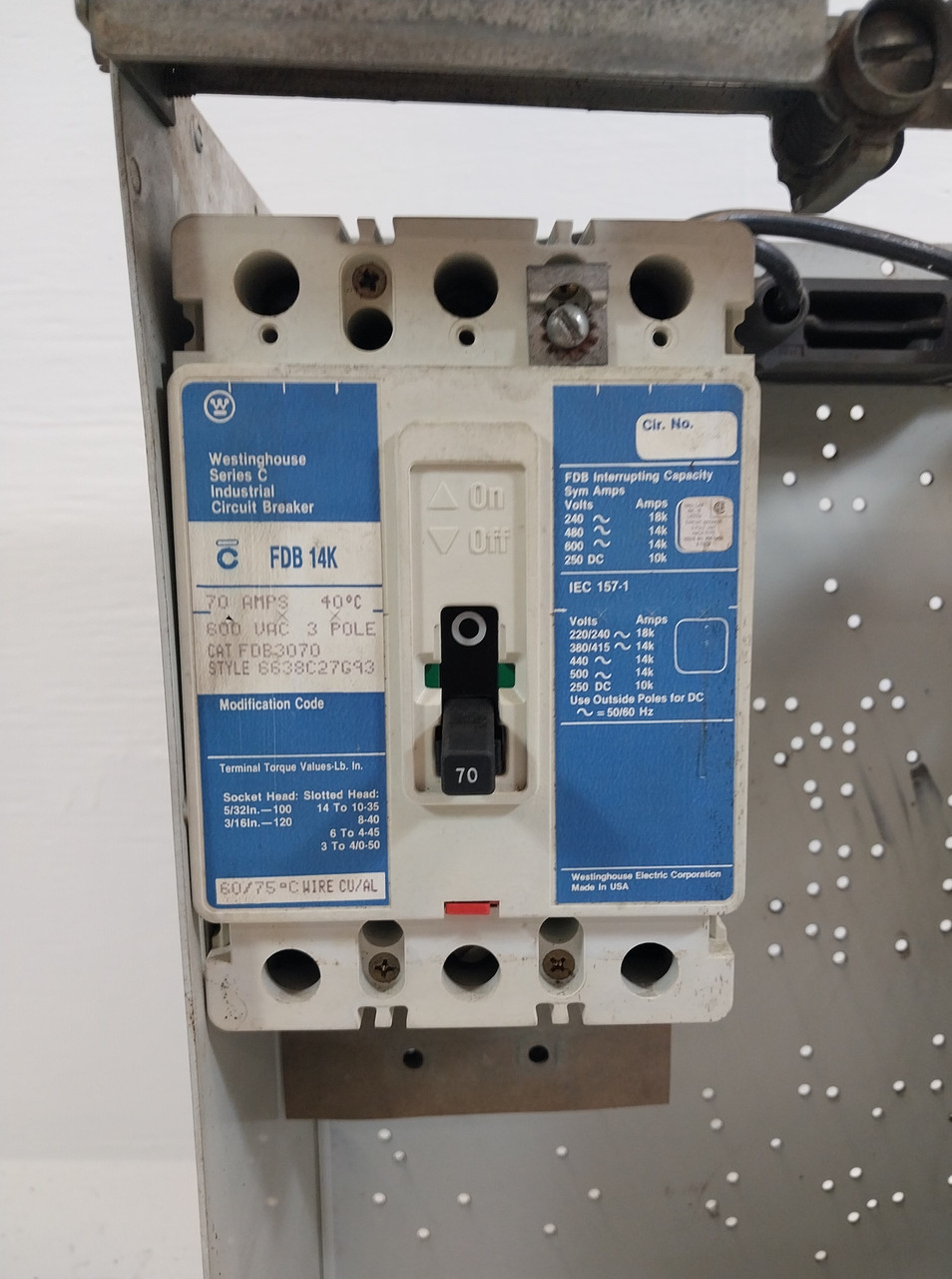 Westinghouse Type W 70 Amp 18" Breaker Feeder MCC Bucket MCCB 70A FDB (BJ0511-1)