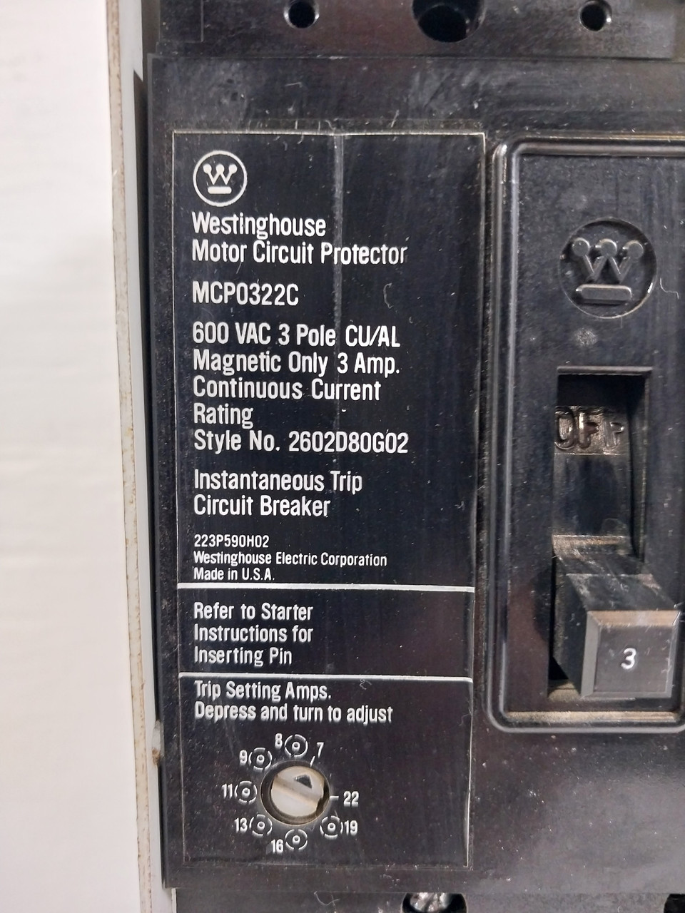 Westinghouse Type W Size 1 Starter 3A Breaker 18" MCC Bucket 3 Amp A200 MCP (BJ0520-5)