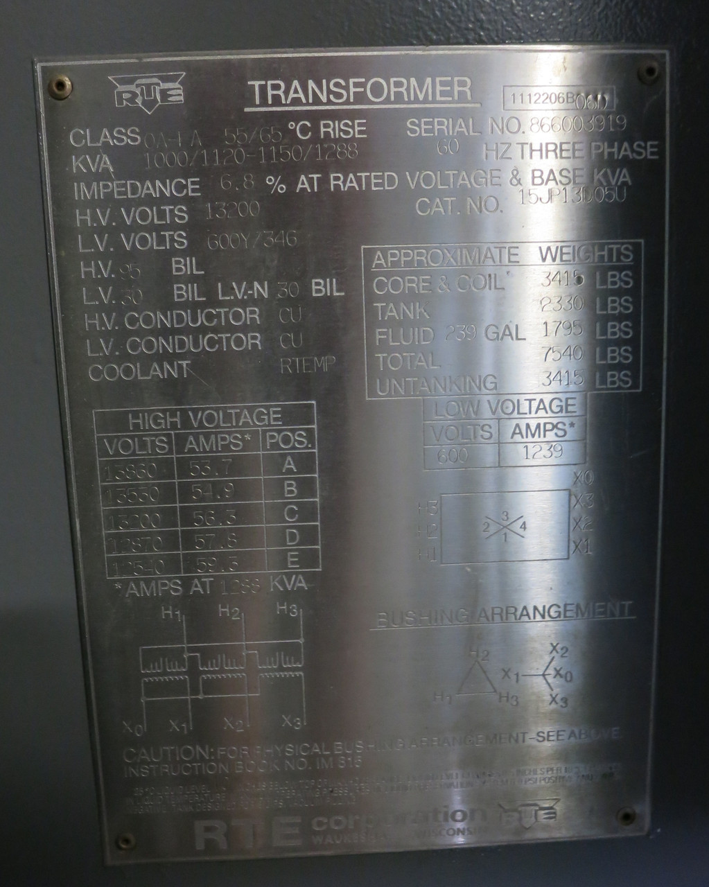 RTE 1000/1120-1150/1288 kVA 13200 Delta - 600Y/346 V 3PH Transformer 1000kVA 600 (DW5639-1)