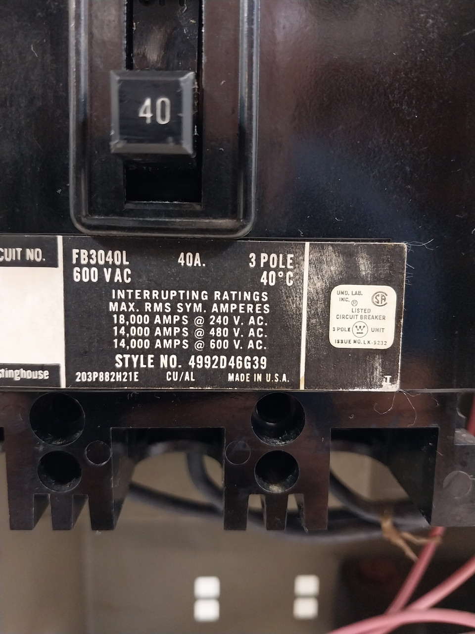 Westinghouse Type W Size 1 Starter 40A 18" Breaker MCC Bucket 40 Amp A200 FB (BJ0518-1)