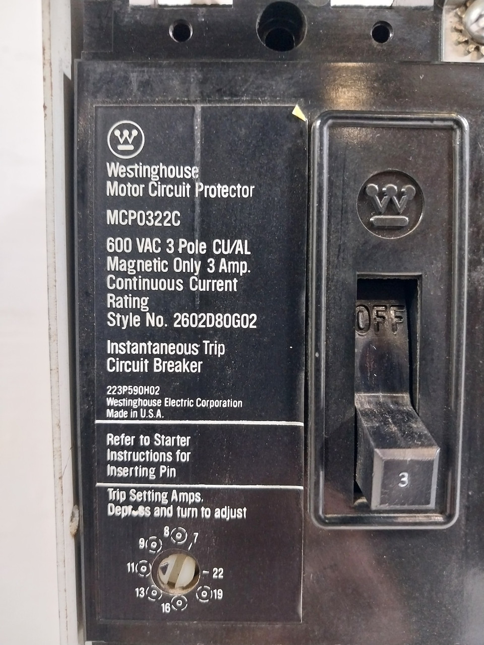 Westinghouse Type W 3A 18" Breaker Feeder MCC Bucket 3 Amp MCP (BJ0525-3)