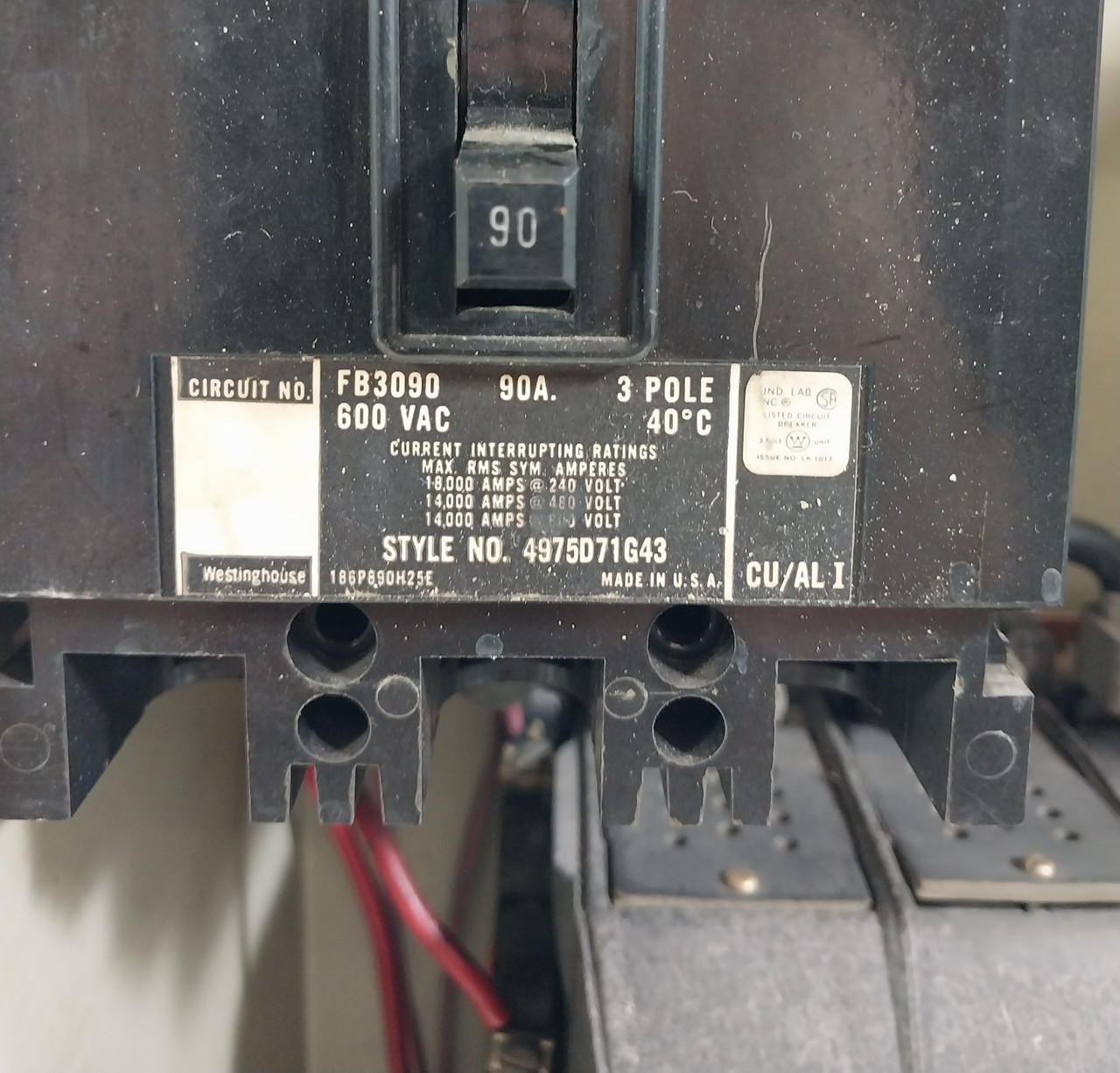 Westinghouse Type W Size 3 Starter 90 Amp Breaker 30" MCC Bucket 90A (BJ0540-2)