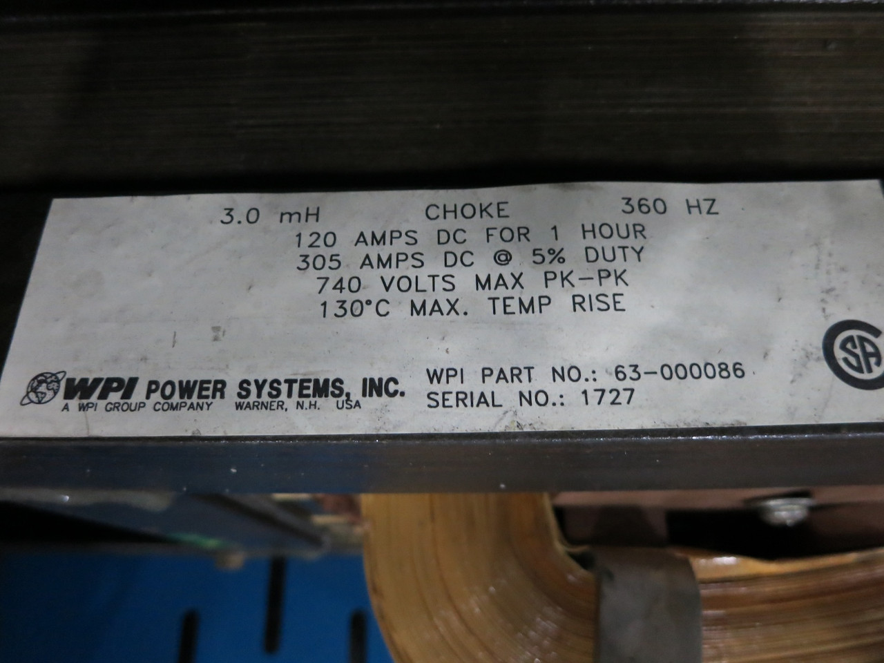 WPI 63-000086 DC Choke 3.0 mH 360 Hz 120/305A 740V Output Filter (DW5701-2)