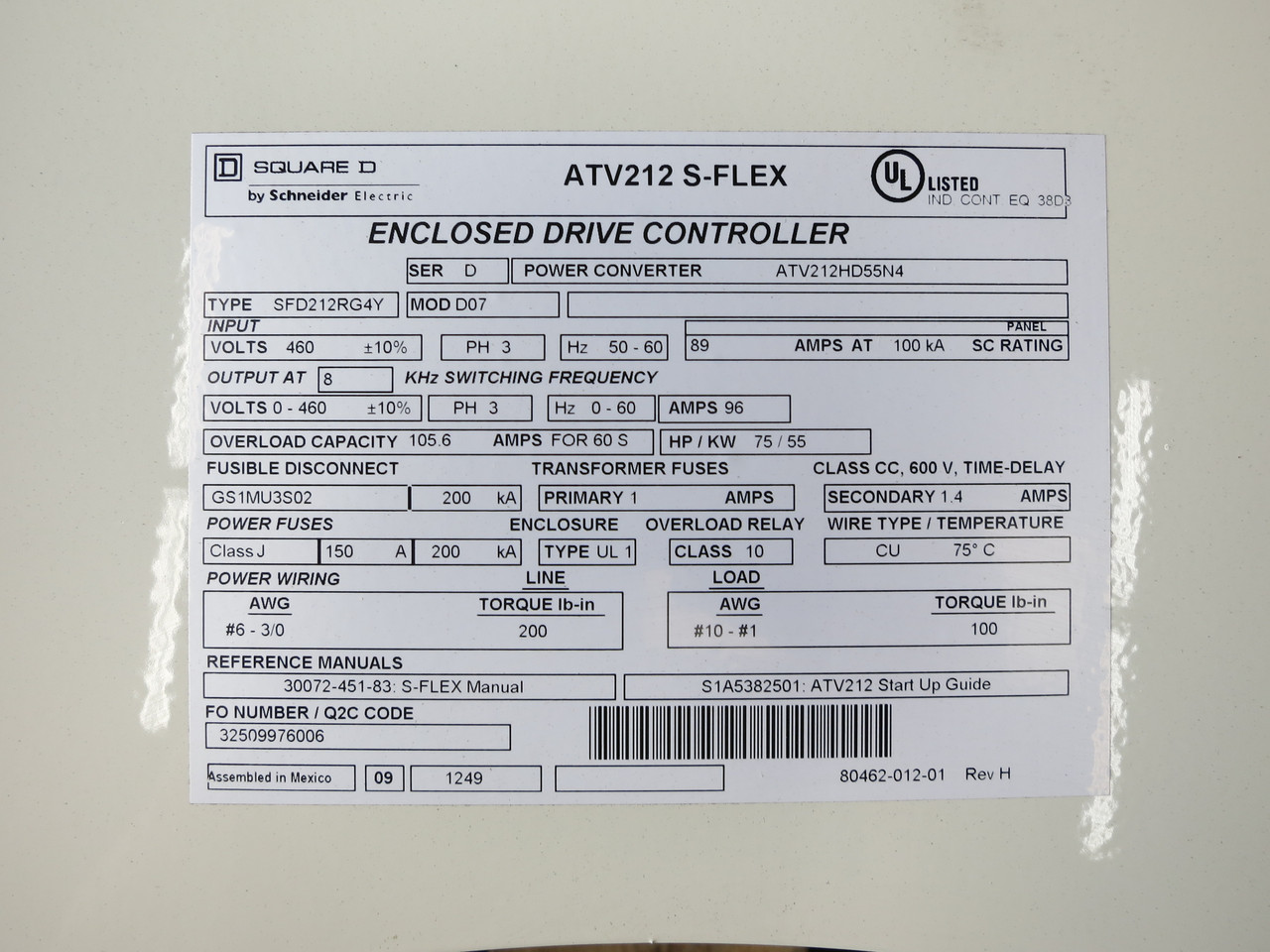 Square D ATV212 S-Flex VS Drive Controller 75 HP Variable Frequency SFD212RG4Y (DW5704-2)