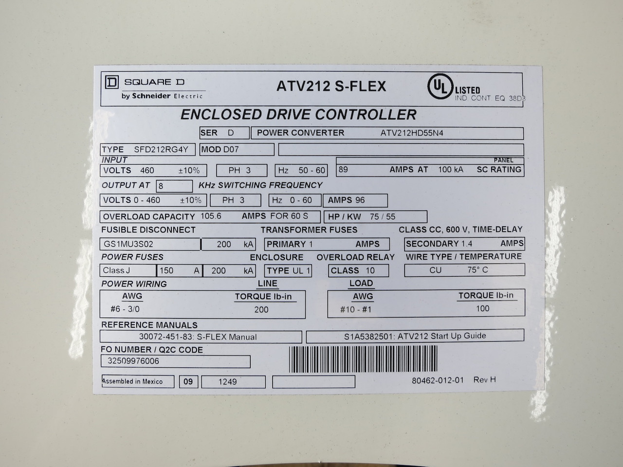 Square D ATV212 S-Flex AC VS Drive Controller 75 HP 460V VFD Enclosed SFD212RG4Y (DW5704-2)