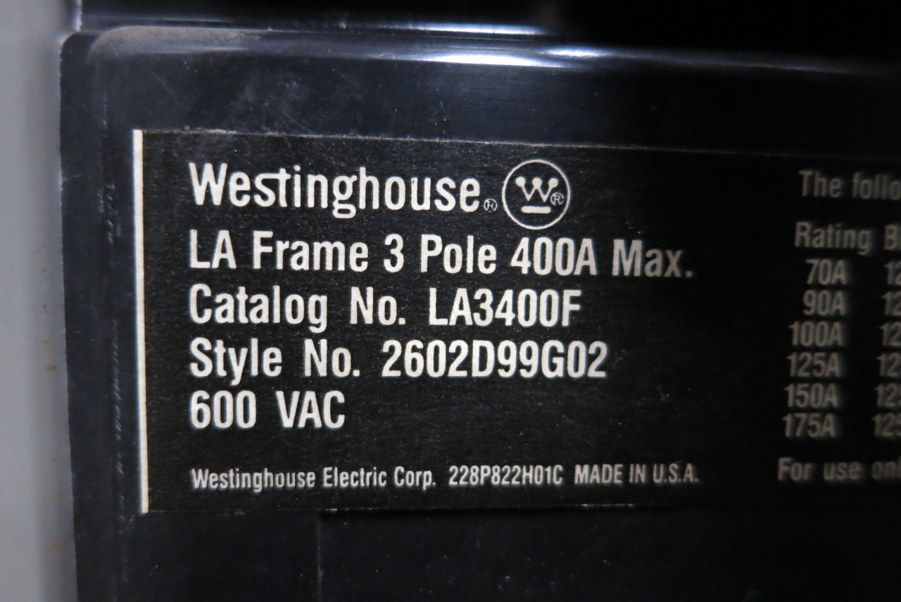 Westinghouse Type W Size 5 Starter 400 Amp Breaker 36" MCC Bucket 400A LA3400F (BJ0565-2)