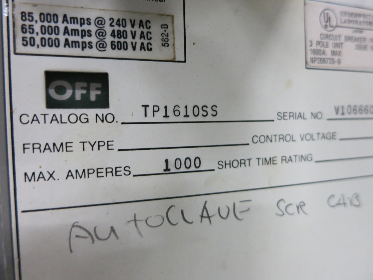 GE TP1610SS 1000A Power Break Circuit Breaker RMS-9 LSI Trip Unit 1000 Amp Plug (DW5710-1)