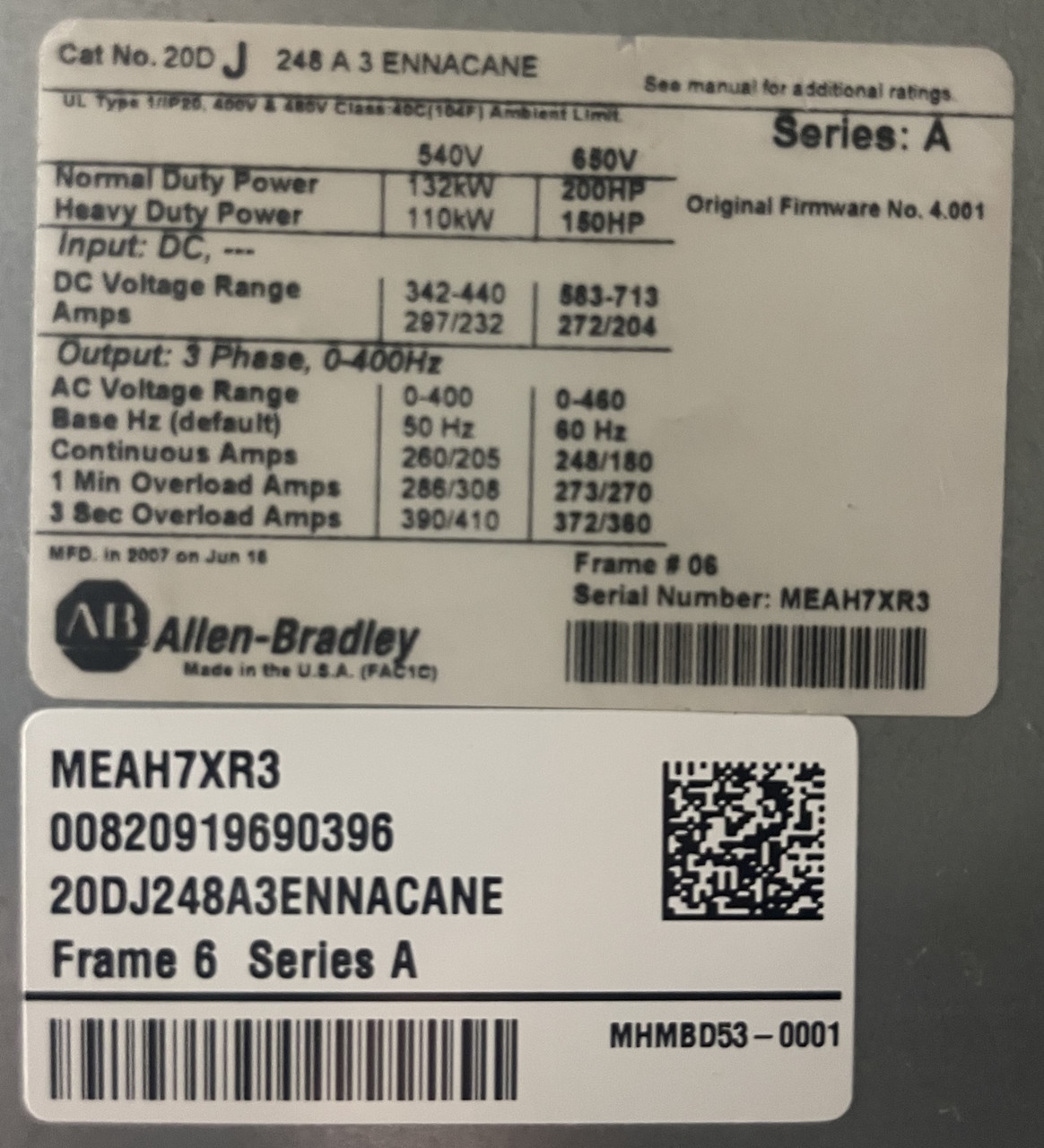 Allen Bradley 20DJ248A3ENNACANE 200 HP PowerFlex 700 AC VS Drive 650V DC Input (PM3222-2)